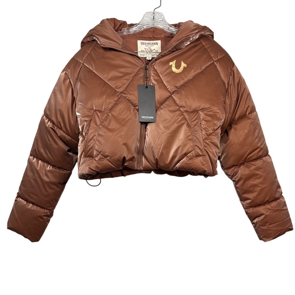 NWT TRUE RELIGION Women's High Shine Foil Hooded Puffer jacket Cropped, Bronze S